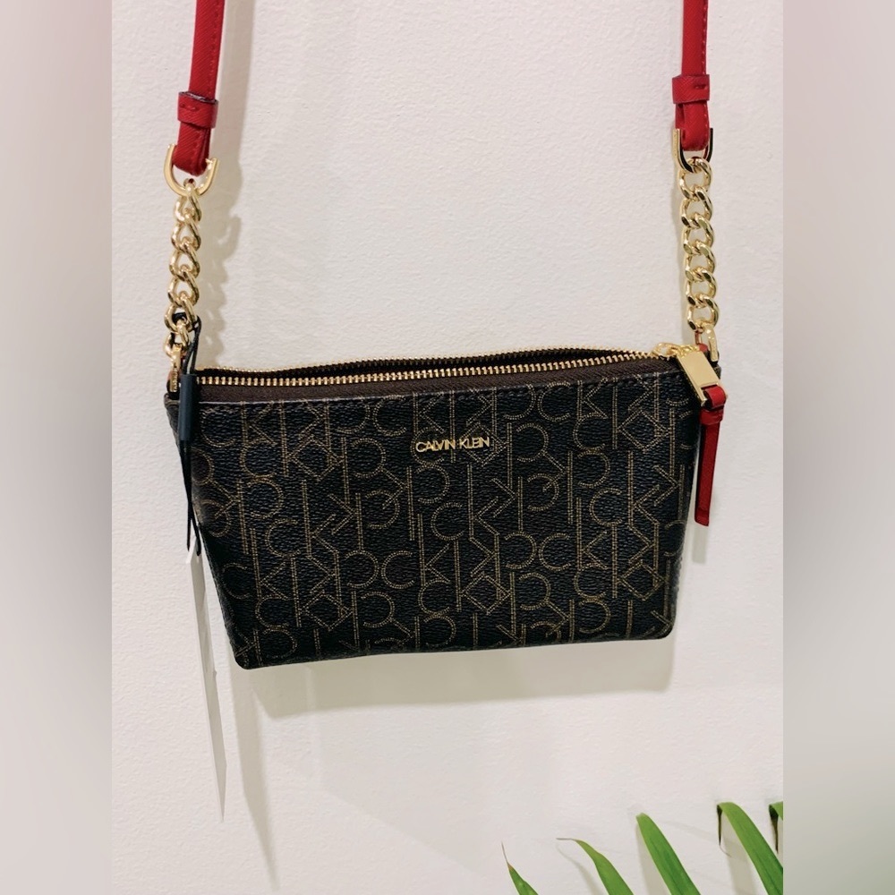 NWT Calvin Klein Brown and Red Cross Shoulder Purse